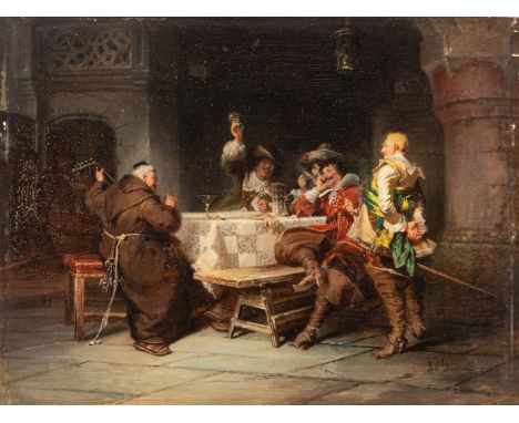 Gaisser, Jakob Emanuel (Augsburg, München 1825-1899) Interieurszene mit zechenden Musketieren und Laute spielendem Mönch  Sig