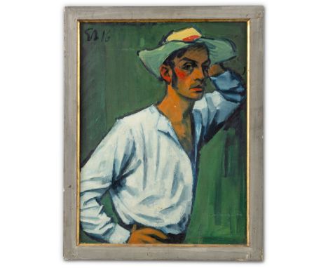 Adametz, Heinrich Emil (Heiligenhaus, Berlin 1884-1971 / 72) Selbstporträt  mit breitkrempigem Hut vor grüner Wand. Monogr. u