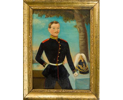 Miniaturist (um 1870/71) August Zimmermann  (geb. 1834) als Marketender-Soldat in Uniform, neben sich preußischen Kürassierhe