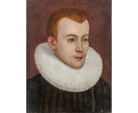Englischer Maler  (17./18. Jh.) Brustbildnis eines jungen Mannes mit Mühlsteinkragen  Rothaarig in Viertelprofil. Lwd. (doubl