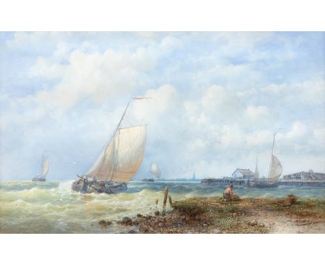 Hulk, Abraham (London 1813-1897) Frachtsegler auf bewegtem Wasser   Wohl auf der Scheldemündung in Ufernähe mit kleiner Landz