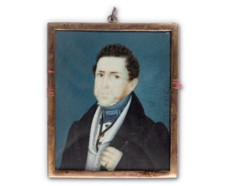 Deutscher Miniaturist (Mitte 19. Jh.) Porträt eines mittelalterlichen Herrn  in schwarzem Rock und blauer Halsbinde. Schwarze
