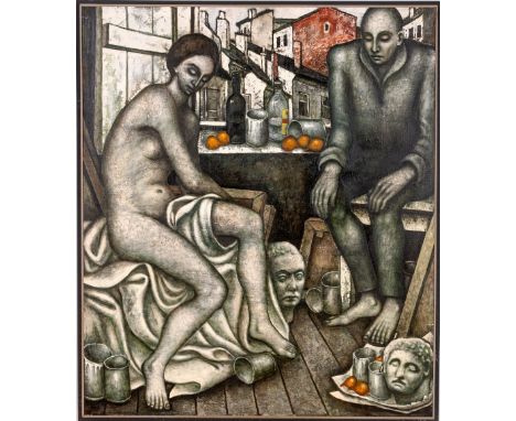 Garboliński, Wiesław (Głownie, Łódź 1927-2014) "Im Atelier II"   Sign. u. dat. 1972. Öl auf Lwd. 150×130 cm. Rücks. auf Polni