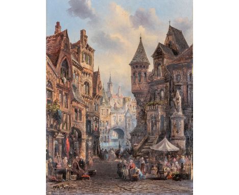 Rezia, Felice Auguste  (tätig ca. 1857-1907) Mittelalterliche Stadt am Fluss  mit regem Markttreiben. Sign. u. dat. 1889. Öl 