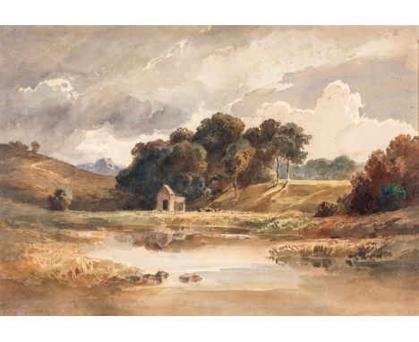Rottmann, Leopold (Heidelberg, München 1812-1881) Bei Starnberg  Hütte an schilfbewachsenem Weiher. Sign. Aquarell. 37,5×52 c