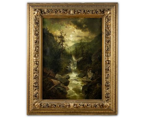 Thoma, Josef (Wien 1828-1899) "Wasserfall bei Appenzell/Schweiz"  Sign. Öl auf Lwd. 100×74 cm. Rücks. Klebeetikett mit Titel.