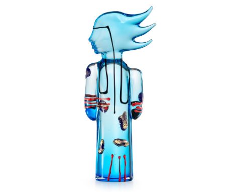 Glasskulptur  James Coignard für Berengo Studio, Murano, um 2000/05 Figur mit wehendem Haar. Blaues Glas mit Aufschmelzungen 
