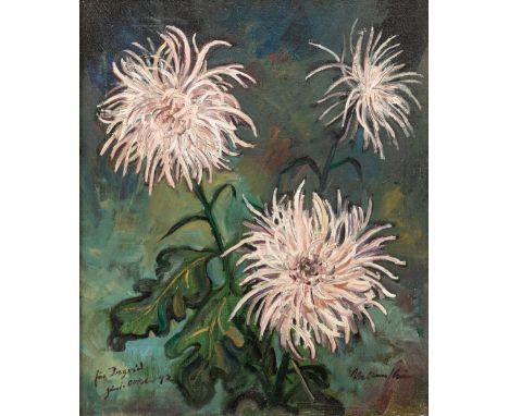 Wellenstein , Walter  (Dortmund, Berlin 1898-1970) Roséfarbene Chrysanthemen vor grünblauem Hintergrund  Sign. u. dat. (19)42