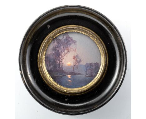 Kolesnikoff, Stefan (1879-1955) , zugeschriebenAufgehender Mond über Flusslandschaft  Gouache. Rund. D. 6,3 cm. Auf der separ