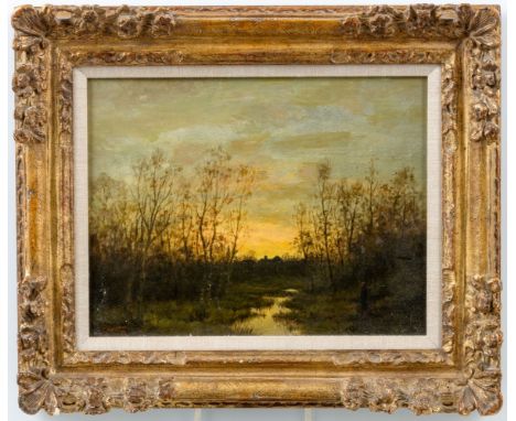 Drew, G. H. (Englisch, um 1887) Landschaft mit Birken und Bachlauf bei Sonnenuntergang  Sign. u. dat. (18)87. Öl auf Malkarto