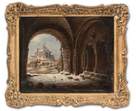 Weisz, F. (in der Art v. Wilhelm Steuerwald, Quedlinburg, 1815-1871) Mittelalterliche Klostervorhalle  mit Blick auf verschne