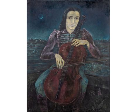 Happe-Richter, Lis (Berlin 1889-1985) "Nocturno"  Junge Frau beim Cellospiel. Monogr. LHR. Öl auf Sperrholzplatte. 100×75 cm.