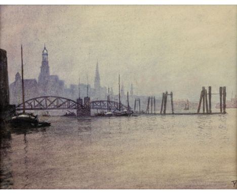 Donauer, A. (um 1910) "Hamburger Hafen"   Bei den Landungsbrücken. Monogr. AD (ligiert). Aquarell auf Papier. 24,1×29,6 cm. R