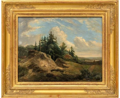 Bilders, G. (E. 19. Jh.) Hügelige Landschaft mit Tannengruppe und Schäfer  Sign. (schwer lesbar). Öl auf Holz. 28×36 cm. Rück