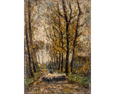 Liesegang, Helmuth (Duisburg, Leipzig 1858-1945) Schäfer mit seiner Herde auf breitem Waldweg  Sign. Öl auf Holz 38,6×27,5 cm