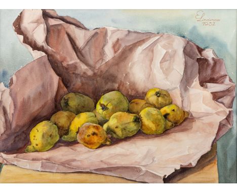 Lindenau, Erich (Bischofswerda, Dresden 1889-1955) Stillleben mit Birnenquitten  Auf Tischplatte in altrosafarbenem, zerknüll