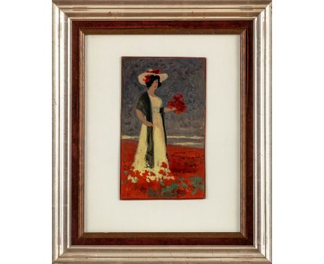 Monogrammist F. B. (A. 20. Jh.) Jugendstil-Dame im langen Kleid  Mit Hut und Blumenstrauß im Mohnfeld. Ölstudie auf Karton. M