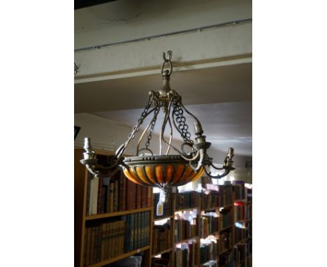 An old brass and coloured glass four branch ceiling light, 53cm diameter.&nbsp; 