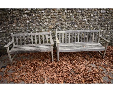 A teak garden bench, labelled Barlow Tyrie, 150cm wide; together with a smaller example, labelled Lister, 128cm wide. 