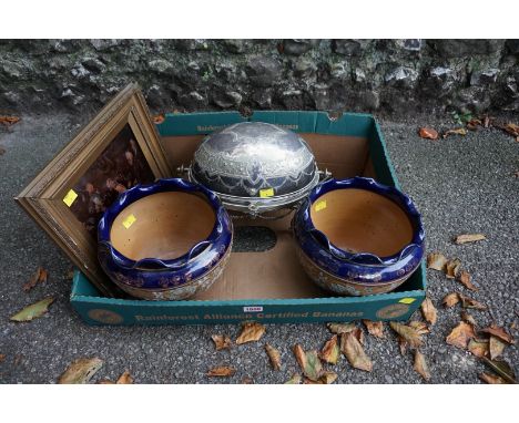 A pair of Doulton jardinieres; together with a print on glass of gentlemen smoking clay pipes; and a silver plated egg and ba
