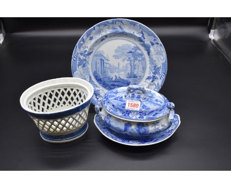 A Victorian Spode blue and white sauce tureen, cover, stand and spoon; together with a pearlware chestnut basket, 17cm wide; 