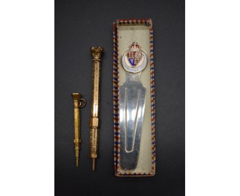 A silver and enamel 1937 Coronation paper clip, 12cm long, in original card box; together with two gilt metal propelling penc