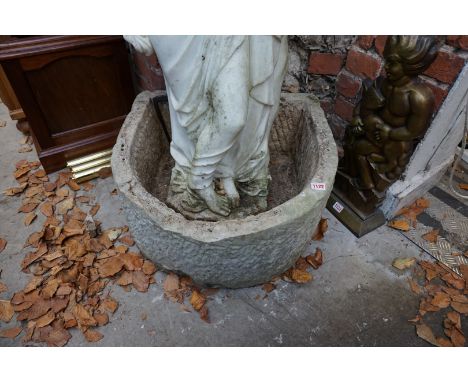 A large antique carved stone basin or trough,&nbsp;58cm wide x 55cm deep x 28cm high. 