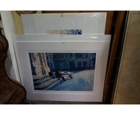 Rolf Harris,&nbsp;'Downriver', signed and numbered 191/395, colour print, I.61 x 48cm;&nbsp;'Buses in Trafalgar Square', sign