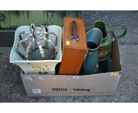 A Bargeware jug, basin and watering can; together with a lightshade and a painted metal vase. 