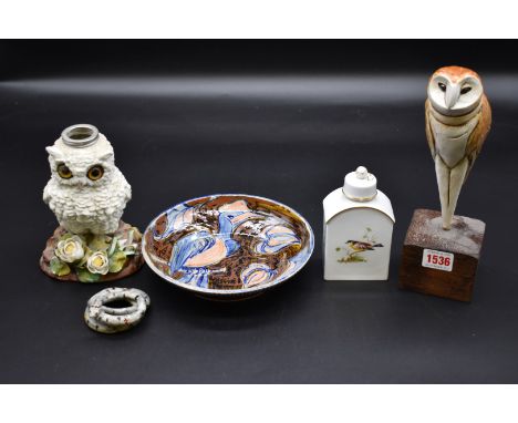 A mixed group of ceramics,&nbsp;comprising:&nbsp;a Victorian porcelain owl lamp base, 16.5cm high; a Palissy style snake, 7.5