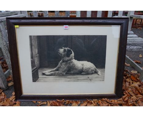 A Herbert Dicksee engraving of a dog; together with another print of a dog and one other picture.&nbsp; 