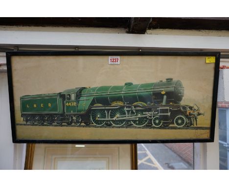 Railwayana: a colour print of the Flying Scotsman, signed by Sir Nigel Gresley, 25 x 59cm.&nbsp; 