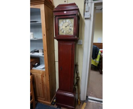 An 18th century red stained pine 30 hour longcase clock, the 10in square brass dial inscribed 'Manister Baxter, St Neots', wi