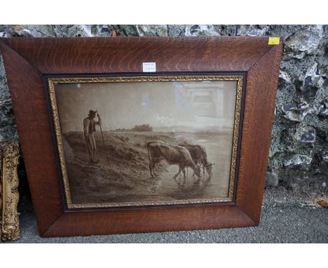 A Jean-Francis Millett print; together with an oil of Stonehenge and other pictures. 