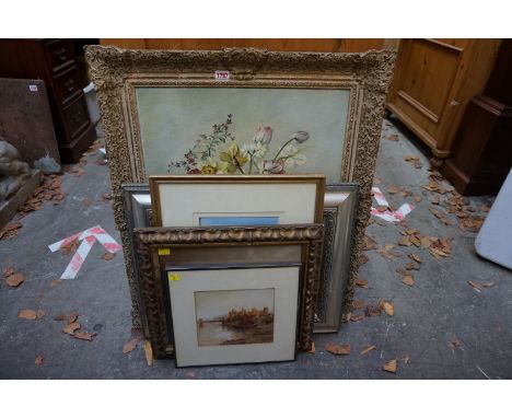 Six various paintings to include three still lifes of flowers, each initialled 'M K', largest 59 x 49cm.&nbsp; &nbsp;&nbsp; 