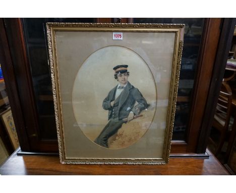 English School, 19th century, three quarter length portrait of a young man with a telescope, watercolour and body colour, 39 