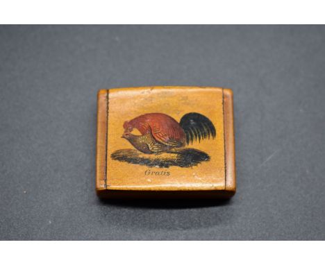 A Mauchline ware style snuff box, by Adolph Frankau, the hinged lid decorated with an amorous cockerel &amp; hen and inscribe