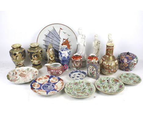 A collection of 19th and 20th century Japanese and Chinese ceramics. Including Satsuma vases, tea caddy, plates and three whi