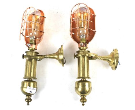 A pair of vintage brass gimble ships wall lamps. With modern copper fittings, H36cm