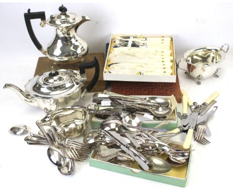 Assorted silver handled and plated flatware and a four piece oval tea service. Including a set of six silver handled tea kniv