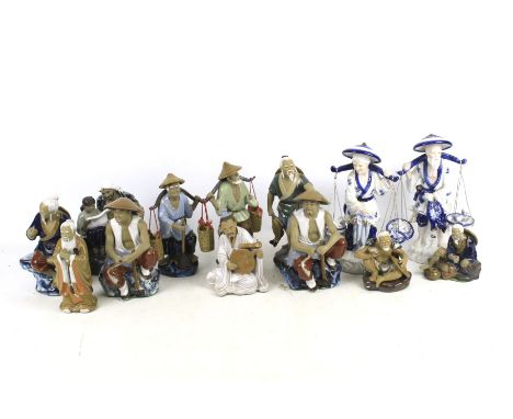 A collection of thirteen assorted Chinese ornamental ceramic figurines. Including fishermen, peasant workers, wise men, etc. 