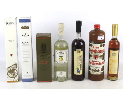 Seven assorted bottles of alcohol. Comprising one bottle of Peller Estates Icewine 2011, boxed, 37.5cl, 11% vol, one bottle o