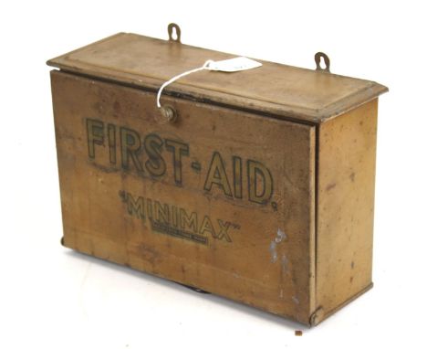 An early 20th century 'Minimax' metal case First Aid box and contents. Containing dressings, cream, etc, and a leaflet for fi