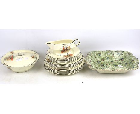 A Myott 'Vandyke' Staffordshire six piece dinner service. Comprising plates, sauce boat and tureen plus a guilt edge dish wit