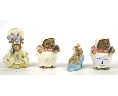 A group of four vintage Beswick Beatrix Potter figures. Including 'The old woman who lived in a shoe', two 'Mrs Tiggy Winkle'