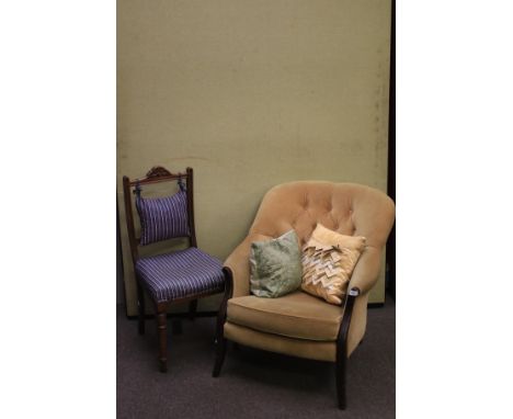 Two 19th century chairs. Comprising a mahogany framed button back armchair, H75cm, and an upholstered bedroom chair, raised o