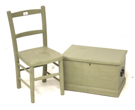 A vintage wooden child's chair and blanket box. Both painted green, the chair raised on turned supports with stretchers, H67c