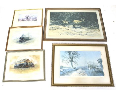 Four signed David Sheperd prints and a Terence Cuneo signed print. The Cuneo print depicting a canal scene, 57cm x 36.5cm, th