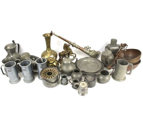 A collection of assorted vintage metalware. Including balance scales, plates, etc. Max. H25cm