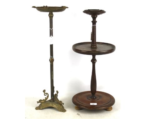 A mahogany ashtray smoker's companion stand and a brass ashtray stand. Max. H59cm
